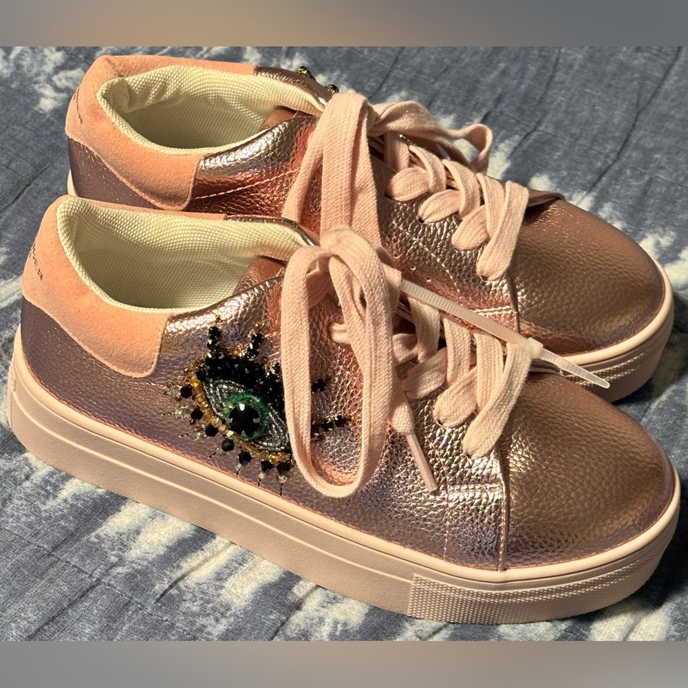 NWT Kurt Geiger London Kids Mini Laney Eye Platform Pink Sneakers Leather Size 4 - Picture 2 of 16